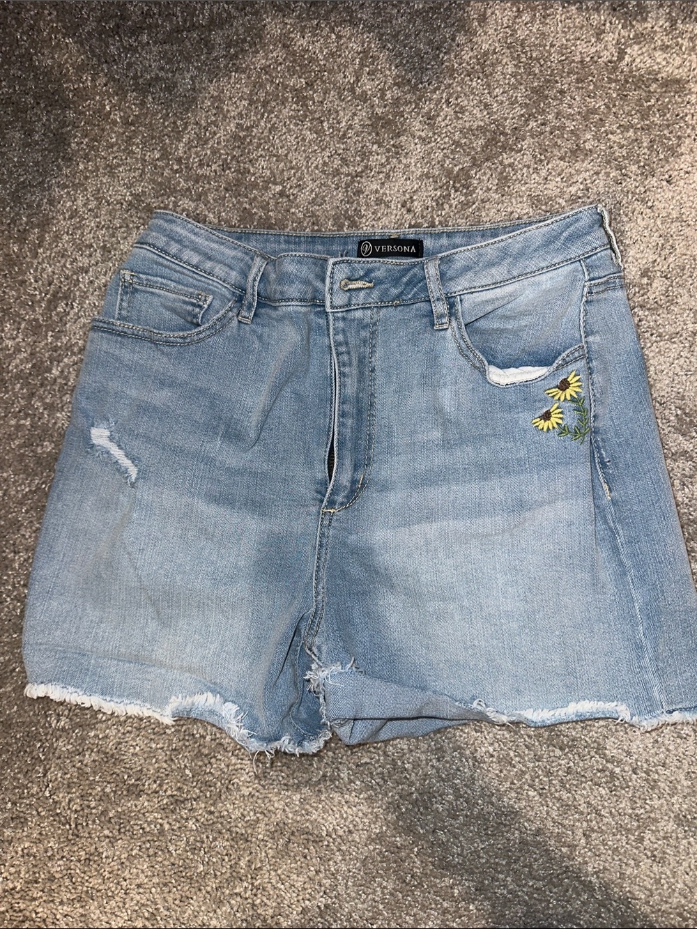 Versona Light Blue Distressed Denim Shorts with Yellow Floral Patch